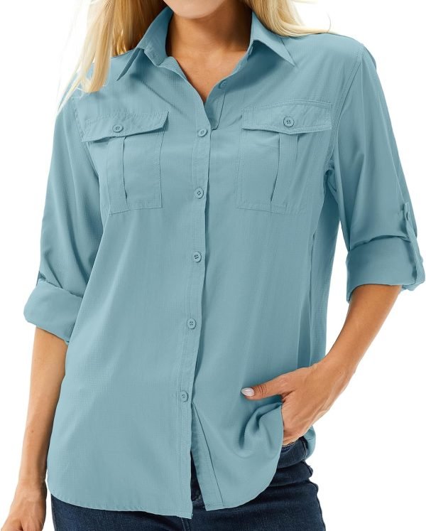 71VGb5pc3SL._AC_SL1500 Women's UPF 50 Long Sleeve UV Sun Protection Safari Shirts Outdoor Quick Dry Fishing Hiking Travel Shirts