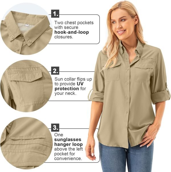 Womens UPF 50+ UV Sun Protection Safari Shirts Long Sleeve Outdoor Cool Quick Dry Fishing Hiking Gardening Shirts