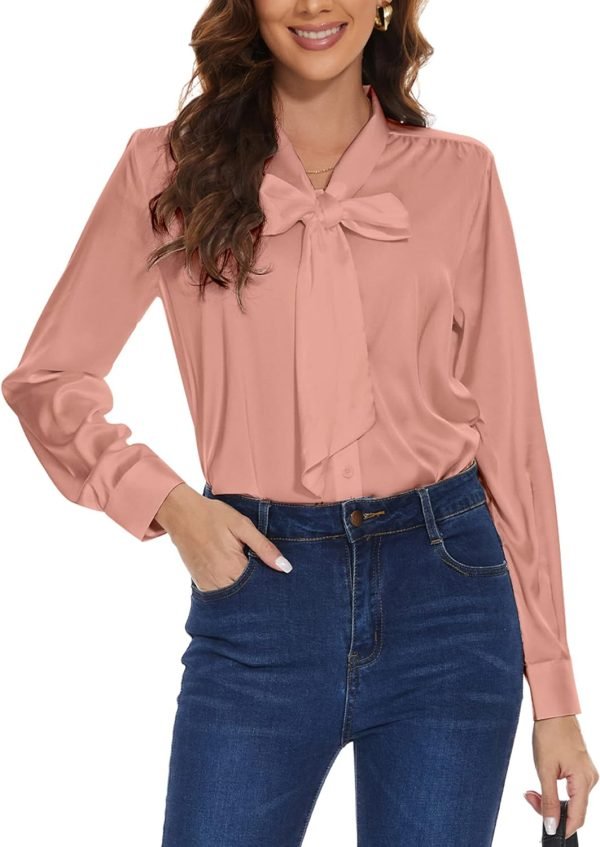 Womens Satin Solid Blouse Bow Tie Neck Button Down Shirts Long Sleeve Office Work Blouses Dressy Tops for Ladies Casual