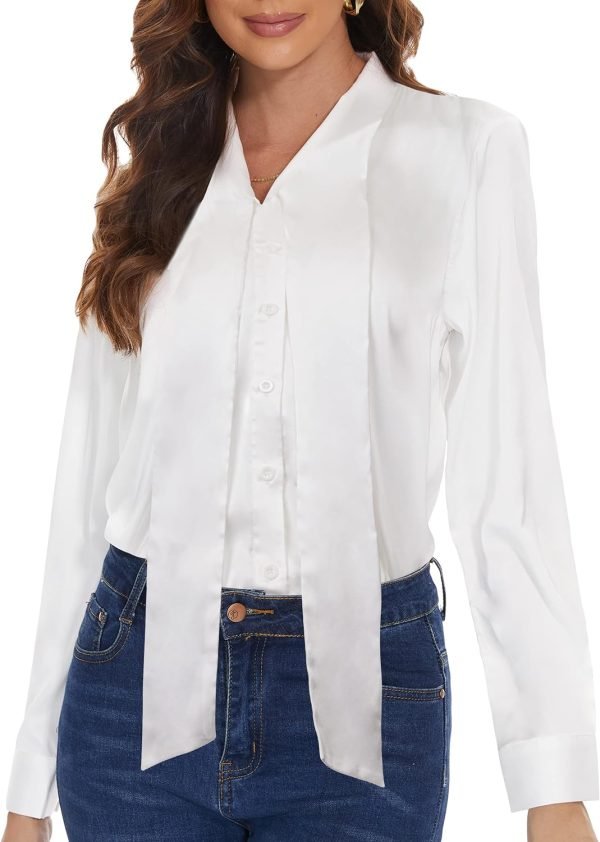 Womens Satin Solid Blouse Bow Tie Neck Button Down Shirts Long Sleeve Office Work Blouses Dressy Tops for Ladies Casual