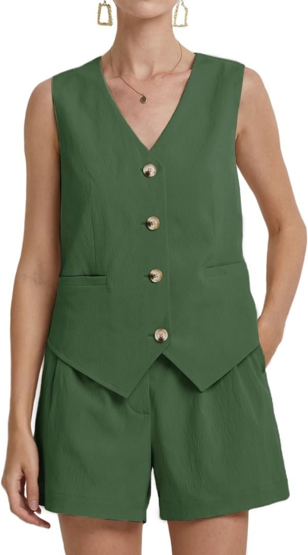 71mHSYsEz2L._AC_SL1500 Womens Two Piece Outfits 2024 Summer Casual Sleeveless Blazer Vest Shorts Set with Pockets