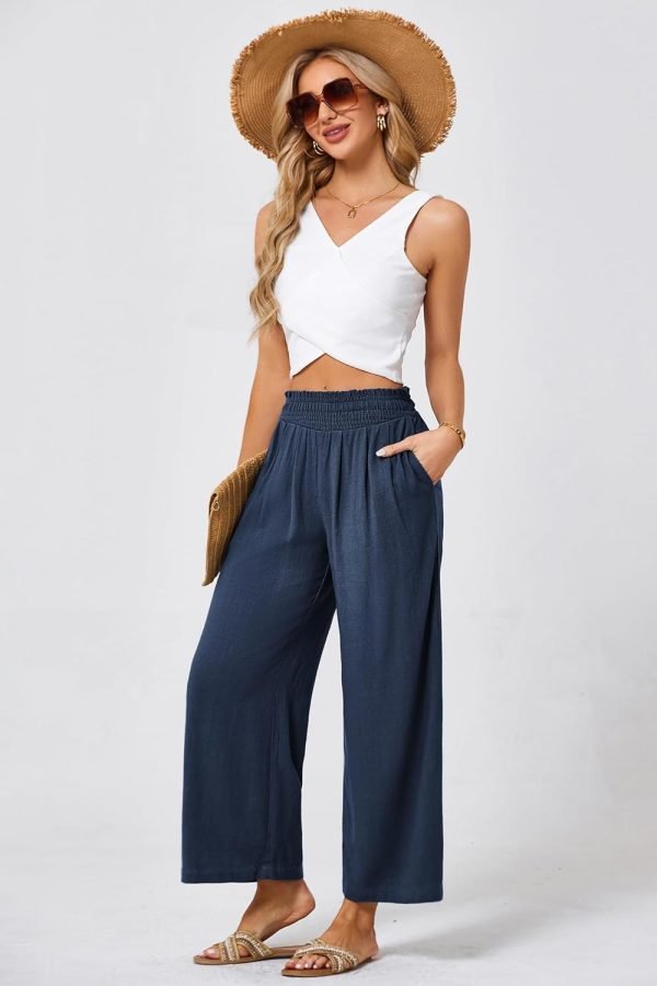 JASAMBAC Women's Capri Linen Wide Leg Pants Summer Boho Wide Leg Pants Smocked High-Rise Waist Casual Beach Pants with Pocket