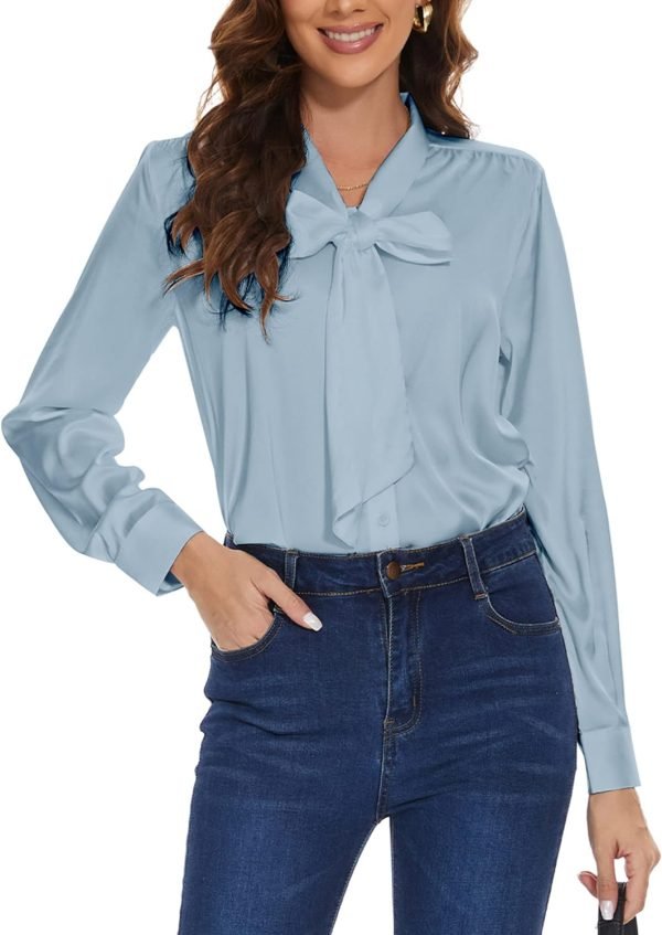 Womens Satin Solid Blouse Bow Tie Neck Button Down Shirts Long Sleeve Office Work Blouses Dressy Tops for Ladies Casual