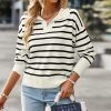 Women's Lightweight Striped Loose Sweater Polo V Neck Knitted Lapel Shirt Casual Color Block Top with Cream Background
