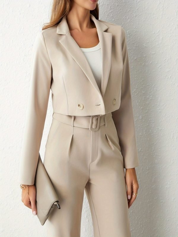 729869be4e2ff82f26b9de33ea248eb0-1 Business Casual Two-piece Set, Double-breasted Lapel Long Sleeve Blazer & Belted Wide Leg Pants Outfits, Women's Clothing