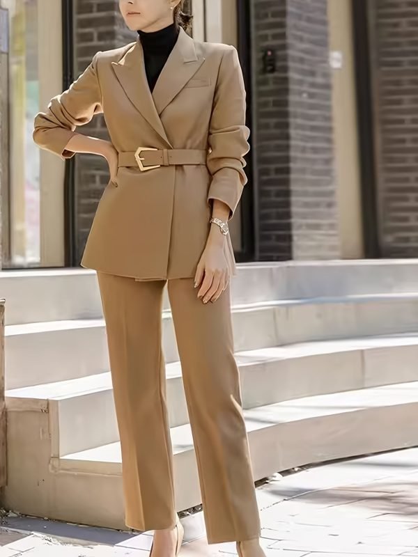 7305edab-c16d-4c91-912f-d2a4882e8338-1 Solid Color Elegant Office & Work Pants Set, Belt Long Sleeve Lapel Neck Blazer & Straight Leg Pants Outfits, Women's Clothing
