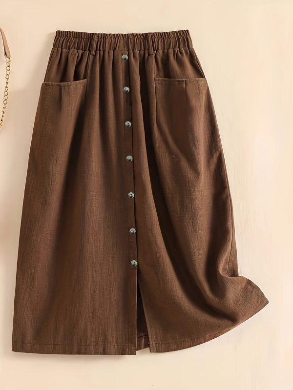 Button Front Pocket Design Skirt, Elegant Elastic Waist Split Hem Skirt For Spring & Fall, Women's Clothing