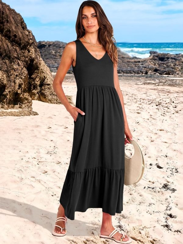 8119cbP8yFL._AC_SL1500 ANRABESS Women's Summer Casual Sleeveless V Neck Swing Dress Fit & Flare Flowy Tiered Maxi Beach Sundress with Pockets