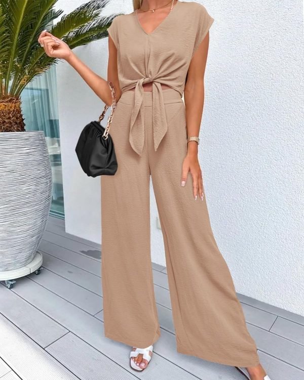 81FWH0sWLyL._AC_SL1500 Women's Summer 2 Piece Outfits 2024 Cap Sleeve V Neck Belted Crop Tops Wide Leg Pant Sets Casual Tracksuit