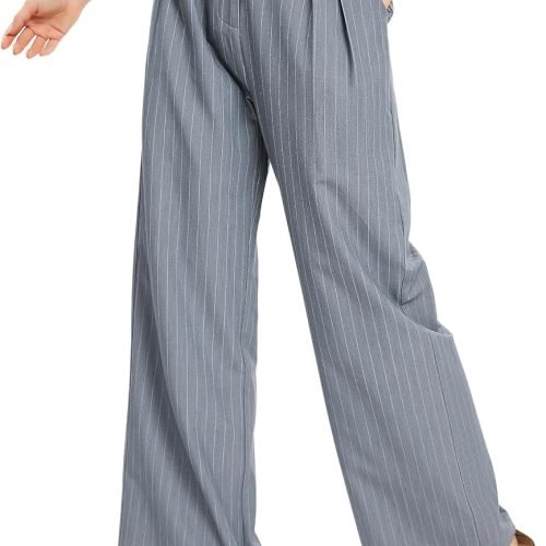Women's Casual Striped High Waisted Wide Leg Pants Elastic Waist Loose Fit Trousers