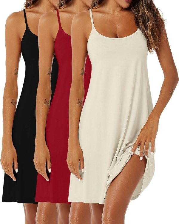 3 Pcs Women's Sleeveless Nightgown, Scoop Neck Pajama Dress Racerback Sleep Dress Sleeveless Nightdress Chemise