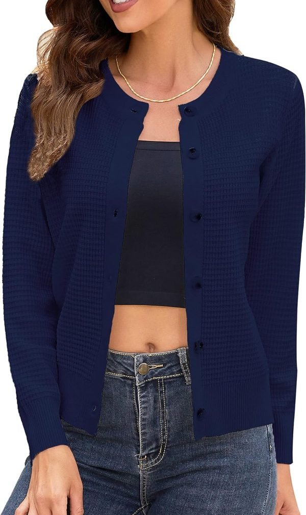 81hhEhqcezL._AC_SL1500 Women's Crew Neck Button Down Long Sleeve Solid Knit Classic Cardigan Sweater