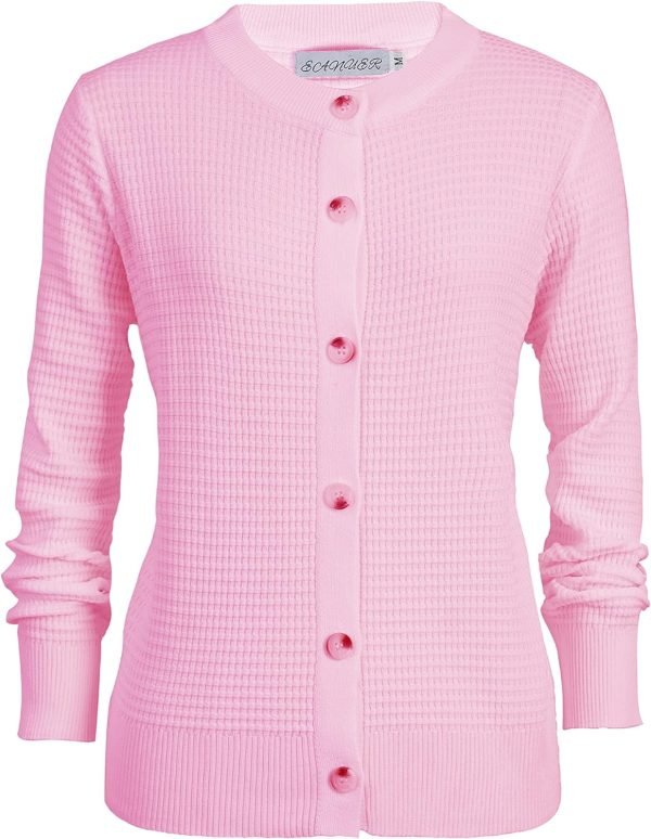 81tNlsBQ7uL._AC_SL1500 Women's Crew Neck Button Down Long Sleeve Solid Knit Classic Cardigan Sweater