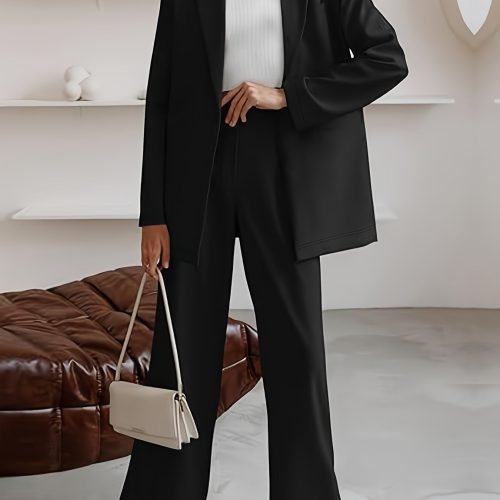 b22d114e-1c3f-4b1c-a761-e1b243ea6b70-1 Elegant Office Solid Color Pants, Single Breasted Lapel Blazer & Straight Leg Loose Simple Pants, Women's Clothing