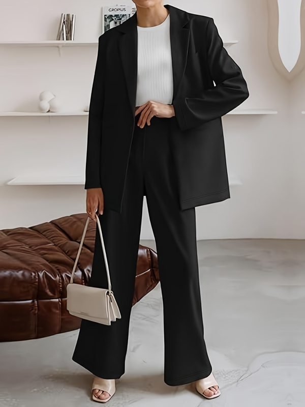 b22d114e-1c3f-4b1c-a761-e1b243ea6b70-1 Elegant Office Solid Color Pants, Single Breasted Lapel Blazer & Straight Leg Loose Simple Pants, Women's Clothing