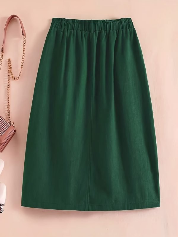 Button Front Pocket Design Skirt, Elegant Elastic Waist Split Hem Skirt For Spring & Fall, Women's Clothing