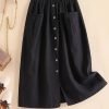 Button Front Pocket Design Skirt, Elegant Elastic Waist Split Hem Skirt For Spring & Fall, Women's Clothing