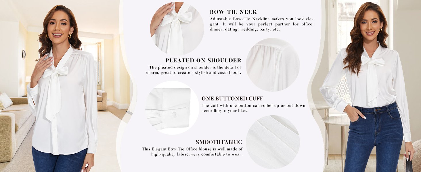 女士缎面衬衫，纯色蝴蝶结，弧形下摆，V 领，袖口，纽扣式女式衬衫