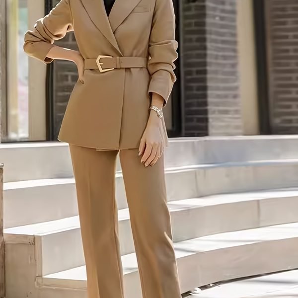 de6d38372785db43bc113098665362f1_313875ac71f9 Solid Color Elegant Office & Work Pants Set, Belt Long Sleeve Lapel Neck Blazer & Straight Leg Pants Outfits, Women's Clothing