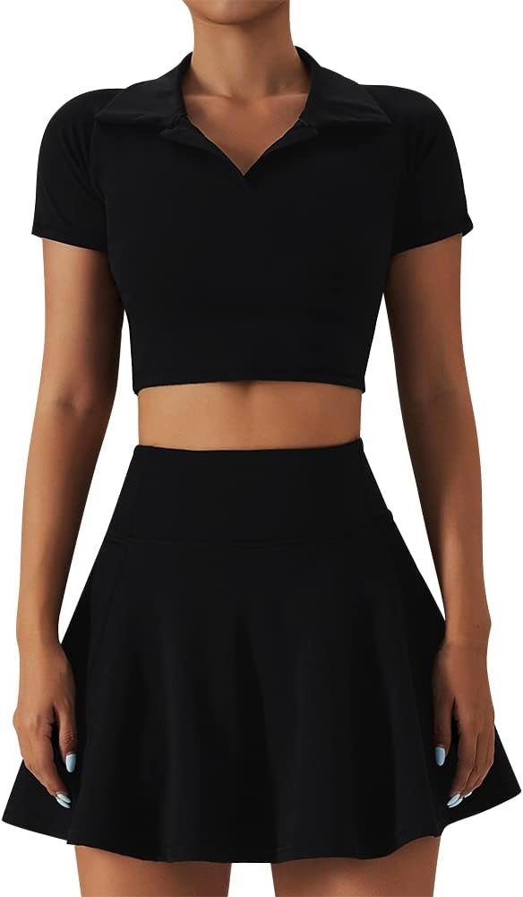 2 Piece Tennis Dress for Women High Waist Pleated Tennis Skirt with Shorts Short Sleeve Crop Golf Workout Skirts Sets