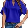 Women's Cold Shoulder Tops Summer Fashion Short Sleeve V Neck Casual Loose Solid Color Blouse Shirts