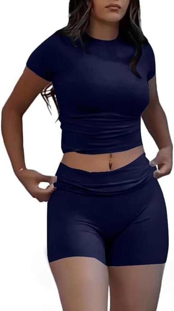 Casual Workout Two Piece Outfits for Women Short Sleeve Crop High Waist Foldover Flare Pants Tracksuit Sets Streetwear