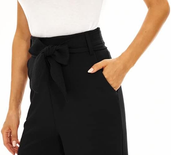 Wide Leg Stretchy Pants for Women Business Casual Pants Dress Pants with Pockets Self Tie Belted