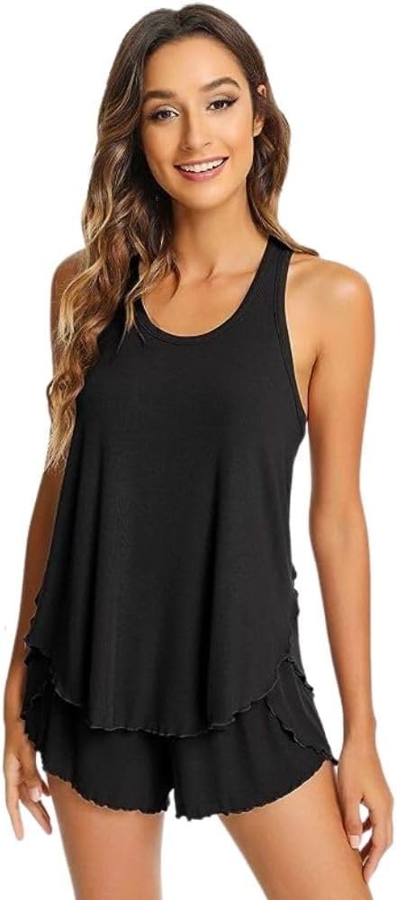 Pajamas Set for Women Viscose Made from Bamboo - Ribbed Racerback Tank Top Soft Sleepwear Pjs Shorts Nightwear Loungewear