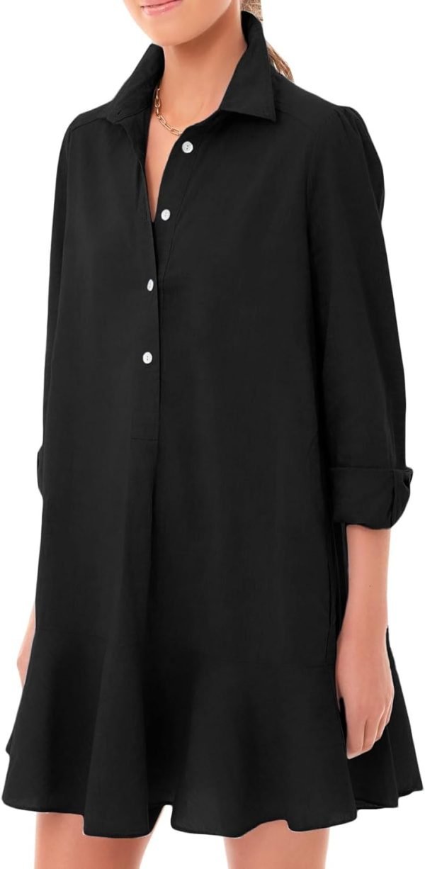 514gNT5MwOL._AC_SL1500 Women's Tunic Mini Shirt Dress Cotton Long Sleeve Ruffle Hem Dress Button Up Shift Chambray Dresses