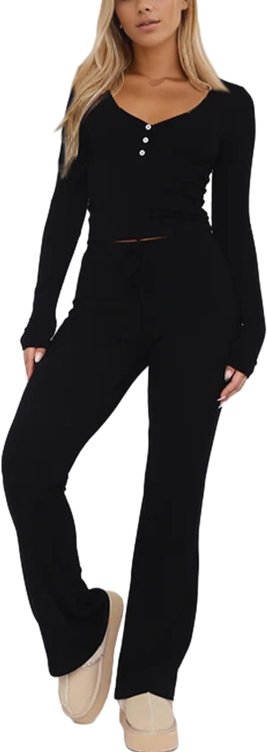 517E8eXRrkL._AC_SL1500 Women Ribbed Knit Yoga Lounge Set V Neck Long Sleeve Button Crop Tee Drawstring Pants Solid Slim Two Pieces Sets