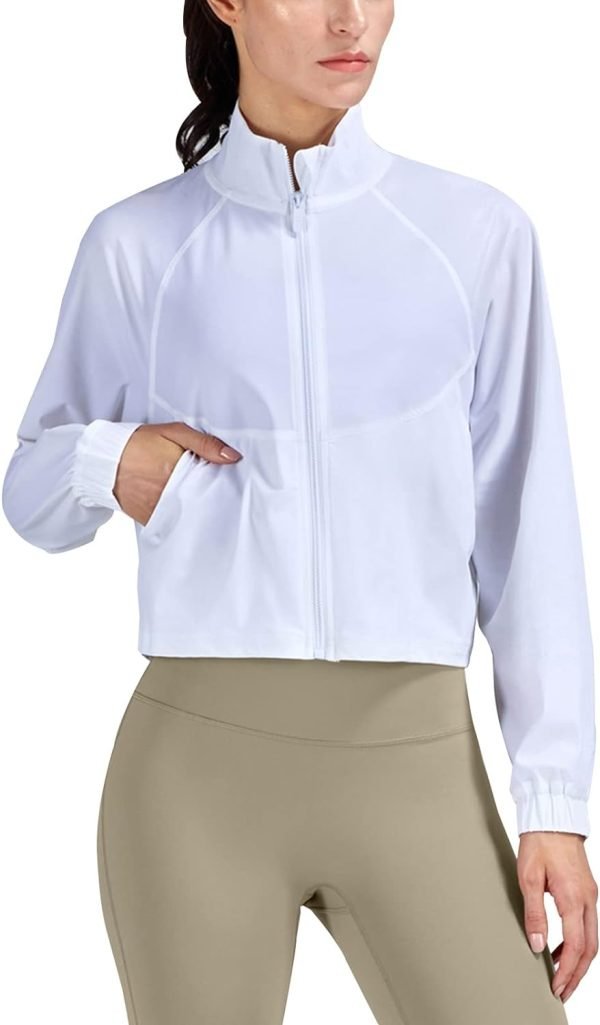 51L2YKWauoL._AC_SL1500 UPF 50+ Workout Jackets for Women Athletic Zip Up Running Jacket Sun Protection Lightweight UPF Cropped Jacket
