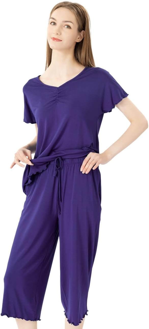 Soft Bamboo Viscose Pajamas Set for Women Summer Sleepwear Pjs Comfy Short Sleeve Tops Capri Pants Sets