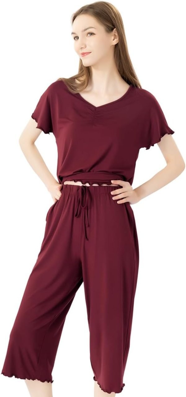 Soft Bamboo Viscose Pajamas Set for Women Summer Sleepwear Pjs Comfy Short Sleeve Tops Capri Pants Sets