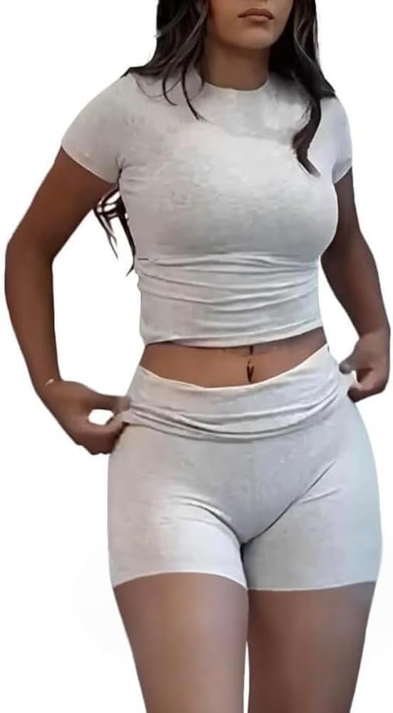 Casual Workout Two Piece Outfits for Women Short Sleeve Crop High Waist Foldover Flare Pants Tracksuit Sets Streetwear