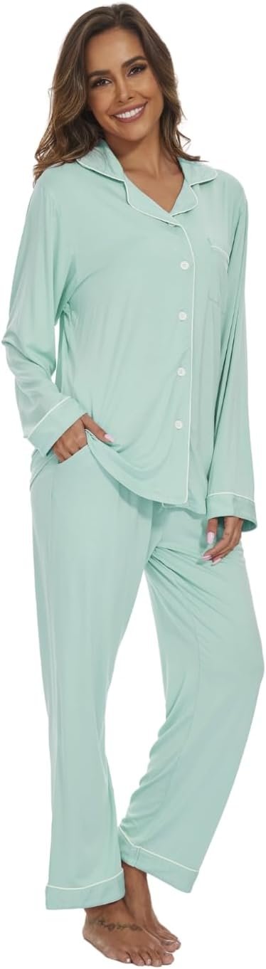 51mlSvoIR1L._AC_SL1400 Womens Bamboo Pajama Set Long Sleeve Button Down, Soft Pj Pants with Pockets, Lightweight Sleepwear Loungewear
