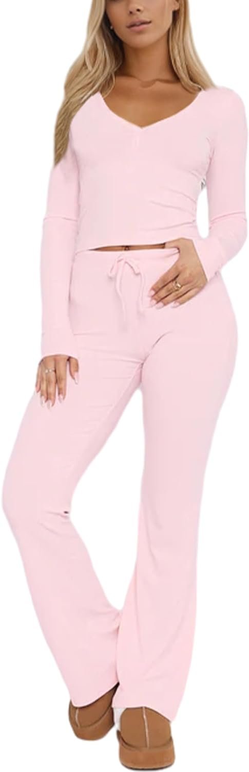 51nos7OfCVL._AC_SL1500 Women Ribbed Knit Yoga Lounge Set V Neck Long Sleeve Button Crop Tee Drawstring Pants Solid Slim Two Pieces Sets