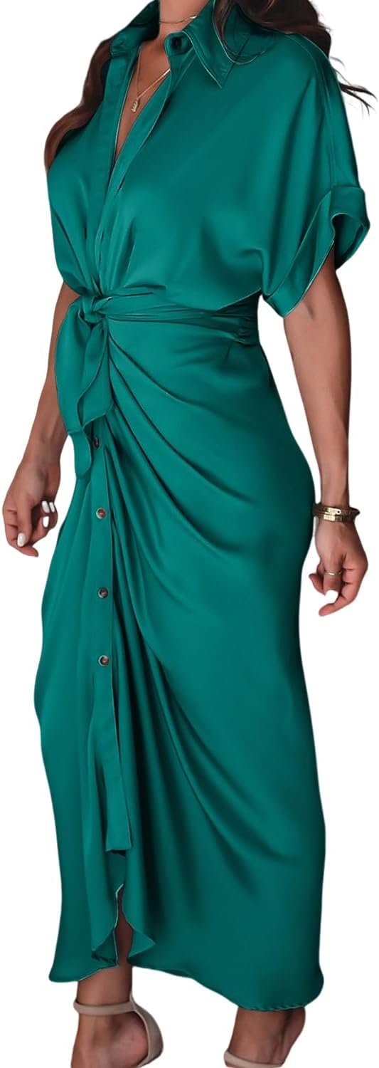 Women's Short Sleeve Satin Dress Button Down with Belt Maxi Shirt Dresses