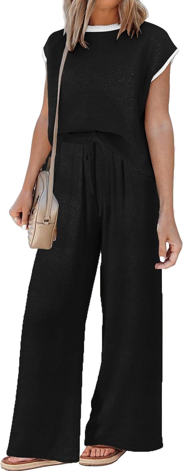 61-4BBWnssL._AC_SL1500 Sets for Women Spring Outfits for Women 2024 Travel Wide Leg Pant Summer Two Piece Sets Lounge Matching Sets