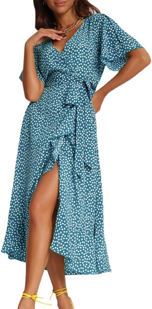 Women's Short Sleeve Satin Dress Button Down with Belt Maxi Shirt Dresses