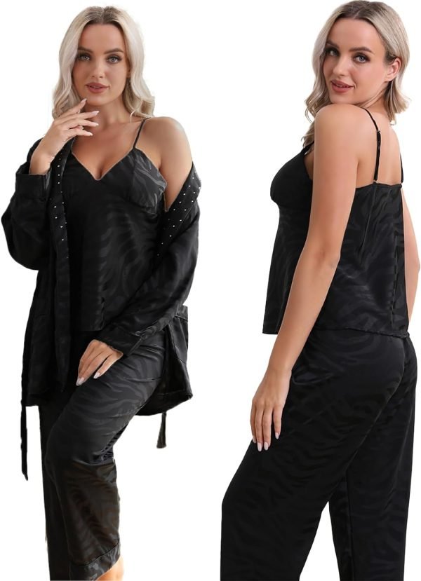 Womens Silk Satin Pajama Sets,Zebra Strips Comfy Robe and Pants Women Pajamas,Silky Camisole Woman Pjs Set 3 Pieces