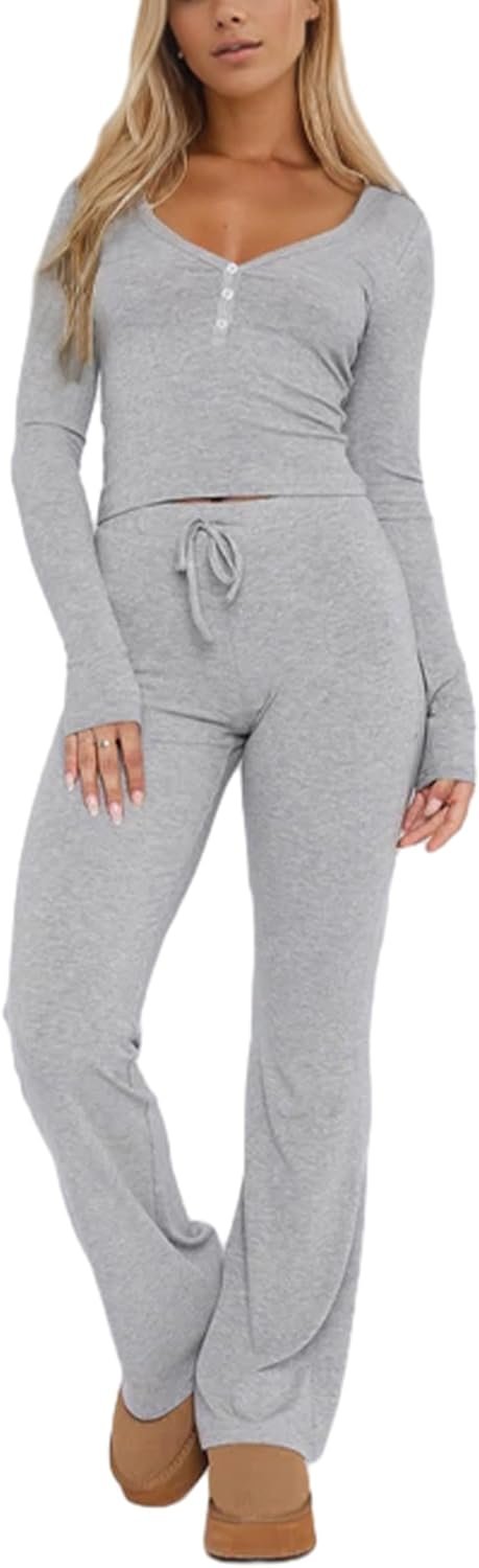 610nNTlJg1L._AC_SL1500 Women Ribbed Knit Yoga Lounge Set V Neck Long Sleeve Button Crop Tee Drawstring Pants Solid Slim Two Pieces Sets