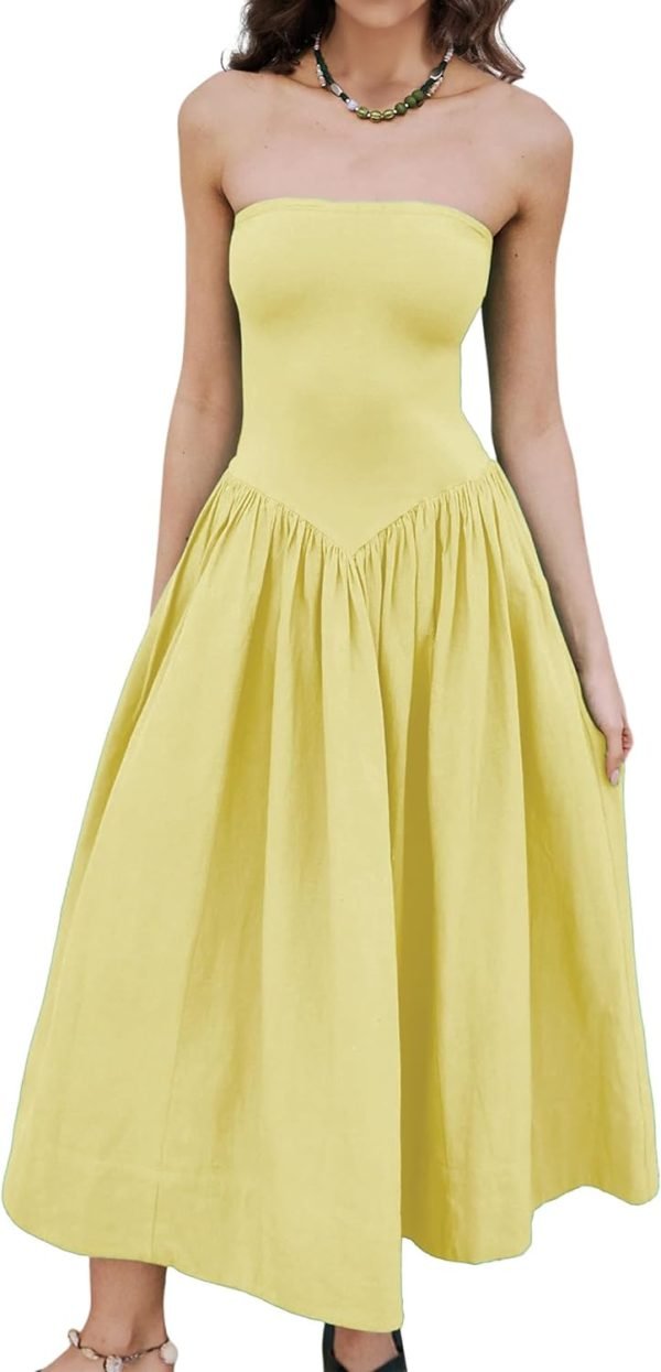 Women Off Shoulder Midi Dress Strapless Sleeveless Drop-Waist A Line Tube Dress Trendy Summer Swing Patchwork Dress