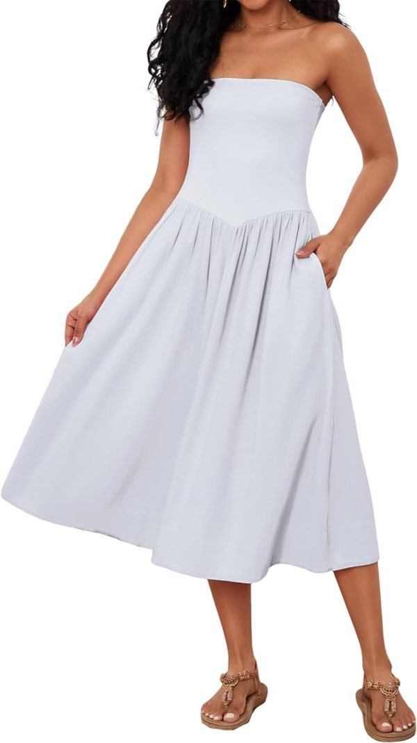 Women Off Shoulder Midi Dress Strapless Sleeveless Drop-Waist A Line Tube Dress Trendy Summer Swing Patchwork Dress