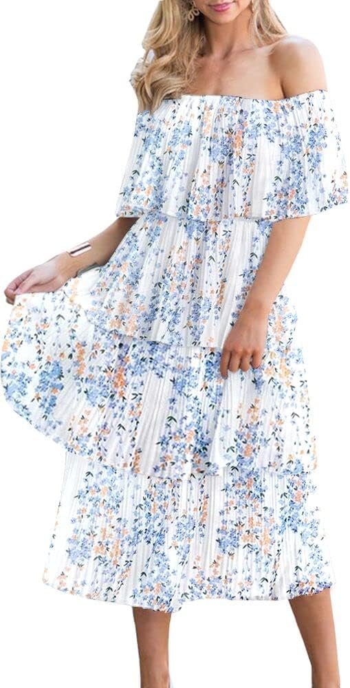 Women's Off The Shoulder Ruffles Summer Valentines Day Loose Casual Chiffon Long Party Beach Maxi Dress