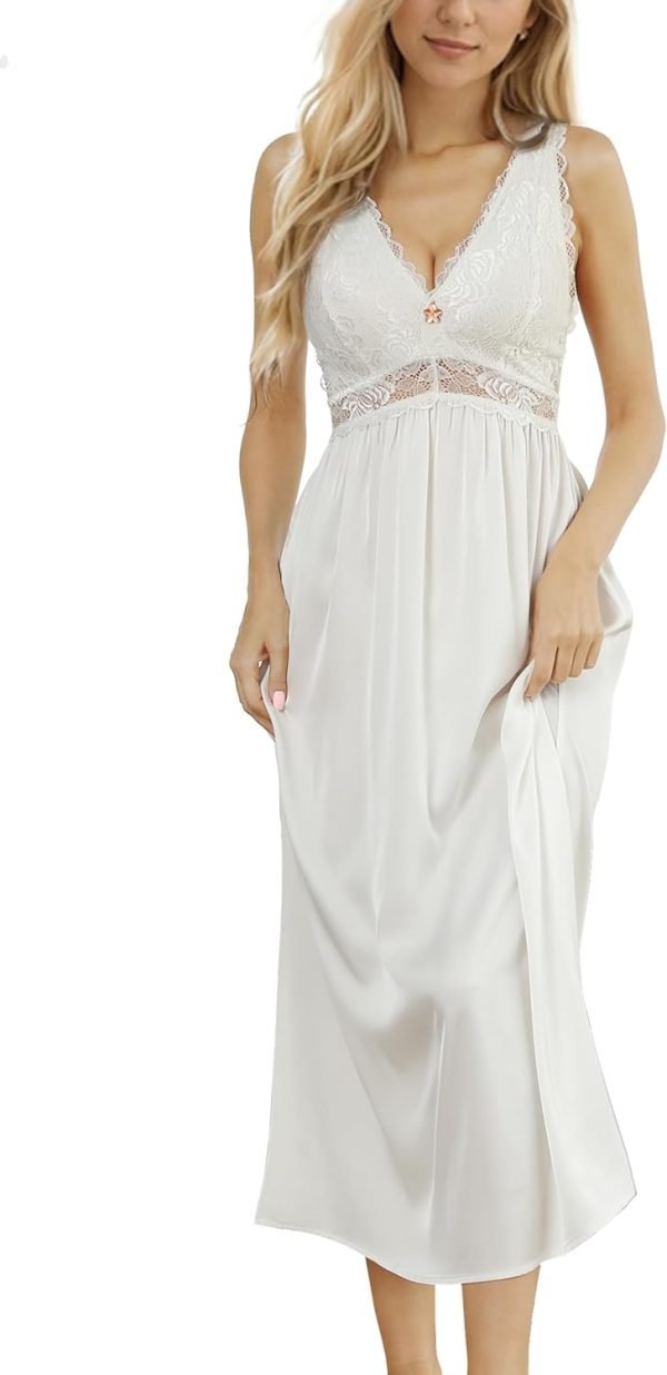 Womens Nightgown Long Sexy Silky V neck Chemise Lace Sleeveless Sleepwear for women Elegant