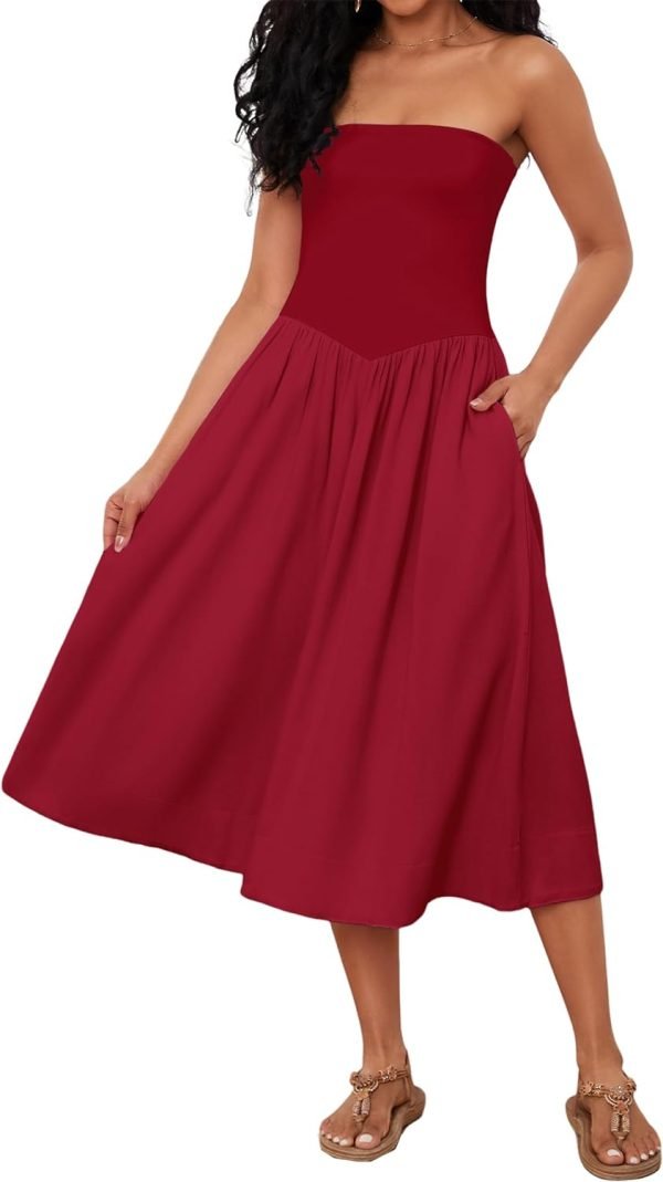 Women Off Shoulder Midi Dress Strapless Sleeveless Drop-Waist A Line Tube Dress Trendy Summer Swing Patchwork Dress