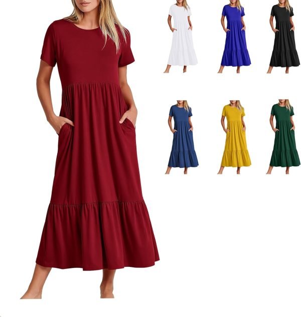 Womens Summer Dresses Casual Short Sleeve Crewneck Swing Dress Casual Tiered t Shirt Dress with Pockets 2024 Trendy Outfits