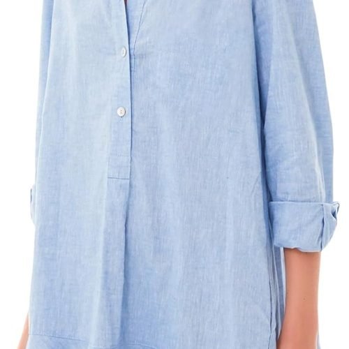 Women's Tunic Mini Shirt Dress Cotton Long Sleeve Ruffle Hem Dress Button Up Shift Chambray Dresses