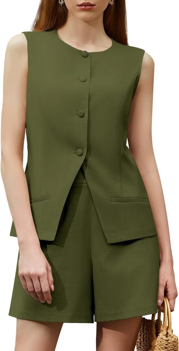 618zLudXvvL._AC_SL1500 Women's Summer 2 Piece Outfits Sleeveless Round Neck Button Down High Waisted Pants 2024 Business Work Sets