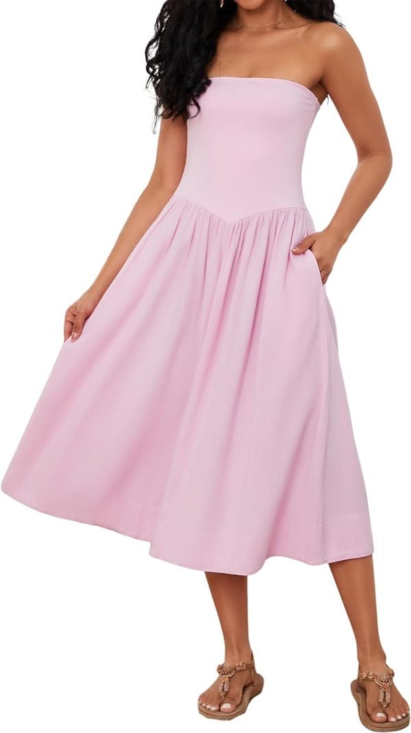 Women Off Shoulder Midi Dress Strapless Sleeveless Drop-Waist A Line Tube Dress Trendy Summer Swing Patchwork Dress